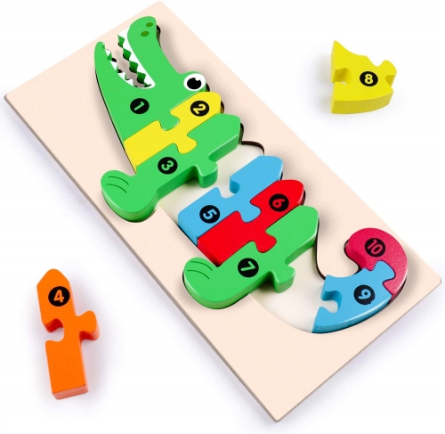 Rolimate Wooden Jigsaw Puzzle Building Blocks Animal Wooden Puzzle, Learning Educational Toys Wooden Numbers Block Toys for 3 4 5+ Years Boys Girls - Crocodile