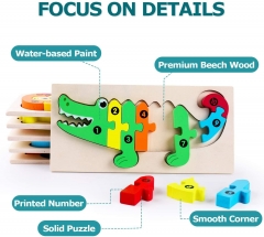 Rolimate Wooden Jigsaw Puzzle Building Blocks Animal Wooden Puzzle, Learning Educational Toys Wooden Numbers Block Toys for 3 4 5+ Years Boys Girls - Crocodile