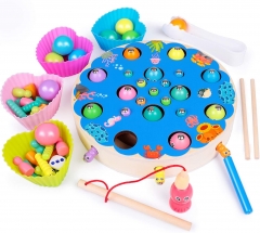 Rolimate Fishing Toy Wooden Educational Toy Magnet Game Clip Bead Game Motor Skill Preschool Learning Toy for 3 4 5+ Years Boy Girl Toddler Best Birthday Gift Parent-Child Interact Sensory Toy (65PCS)