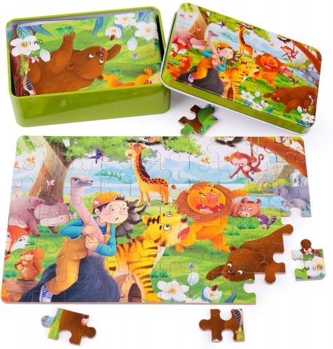 Rolimate Wooden Jigsaw Puzzles for Kids 60 Piece Best Gift 3 4 5 Year Old Boys and Girls, Animals Colorful Wooden Puzzles for Toddler Children Learning Educational Puzzles Toys with Metal Puzzle Box