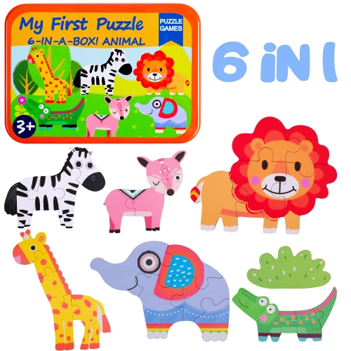 Rolimate 6 in 1 Wooden Puzzles for Kids, Cartoon Animal Jigsaw Puzzles Learning Educational Puzzles Montessori Toys with Metal Puzzle Box, Best Gift 3 4 5 Year Old Boys and Girls
