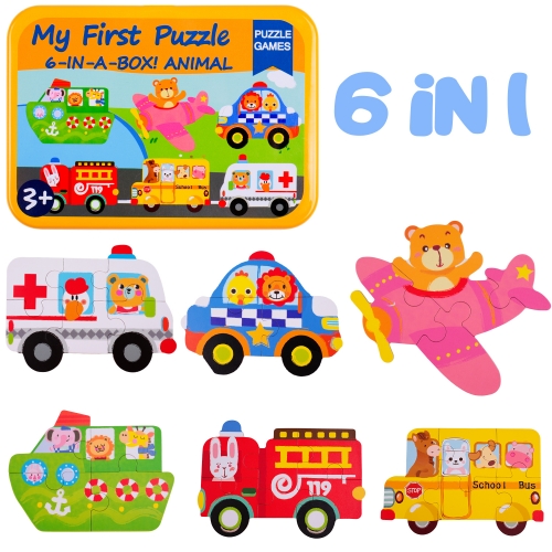 Rolimate 6 in 1 Wooden Puzzles for Kids, Cartoon Utility Vehicle Puzzles Learning Educational Puzzles Montessori Toys with Metal Puzzle Box, Best Gift 3 4 5 Year Old Boys and Girls