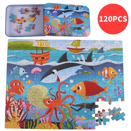 Rolimate Wooden Jigsaw Puzzles for Kids, Ocean World Puzzles Learning Educational Puzzles Montessori Toys with Metal Puzzle Box, Best Gift 3 4 5 Year Old Boys and Girls [120 Pieces]