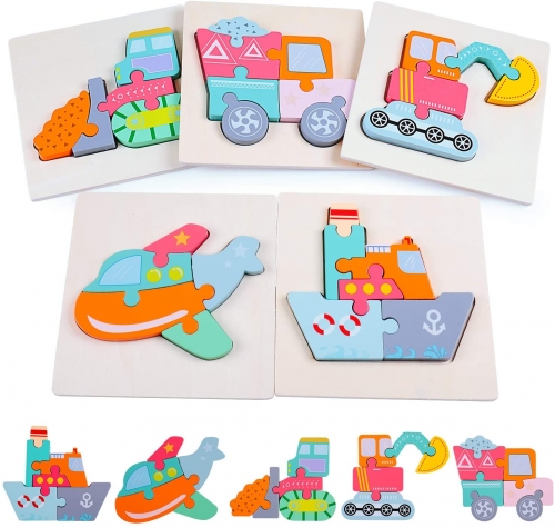 Rolimate Wooden Jigsaw Puzzles, 5 Pack Vehicle Puzzles for Toddlers Kids 3 4 5 Years Old Preschool Educational Montessoir Learning Travel Toys for Boys and Girls