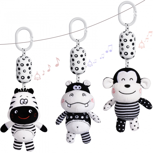 rolimate Baby Toy Cartoon Animal Stuffed Hanging Rattle Toys, Baby Bed Crib Car Seat Travel Stroller Soft Plush Toys with Wind Chimes, Best Birthday Gift for Newborn 0-18 Month (Monkey, Zebra & Hippo)