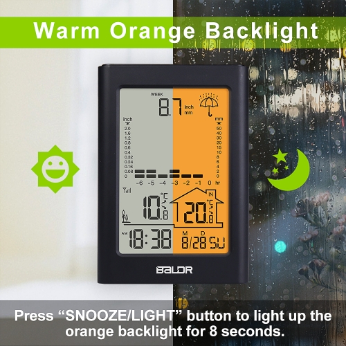 BALDR  ORANGE BACKLIGHT WIRELESS WEATHER STATION WITH RAIN GAUGE