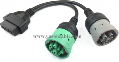 OBD2 ii Adapter Freightliner Truck Y Cable OBD2 16pin Female to J1708 6pin and Type 2 Green J1939 9pin Cable