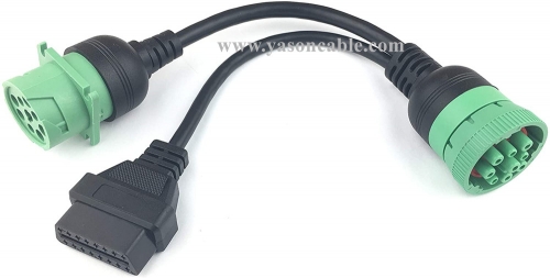 Green Type 2 J1939 9pin to OBD2 Female and to Square J1939 9pin Splitter Y Cable for Truck Freightliner GPS ELD Tracker