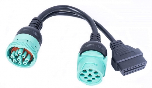 Green Type 2 J1939 9pin Female to 16pin OBDii and to J1939 Male Splitter Y Cable for Truck Freightliner GPS ELD Tracker