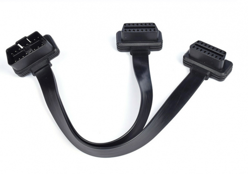 Ultra Low Profile Left or Right Angle OBD2/OBDII Y Splitter Flat Ribbon Cable 1Feet/30cm -1x Male and 2X Female J1962 Ports