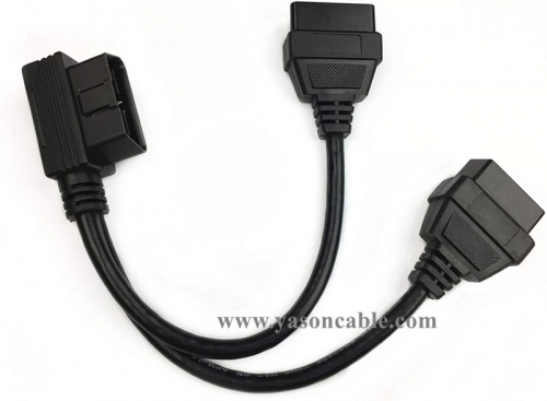 Right Angle Full 16pin 24awg OBD II 1pcs Male to 2pcs Female Splitter Y Extension Cable 1ft