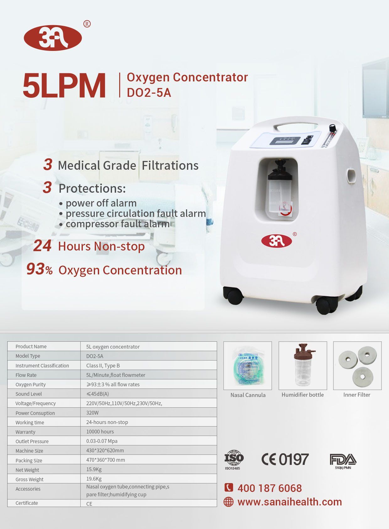 5 LPM Oxygen Concentrator, Single Outlet (DO2-5A-5L)