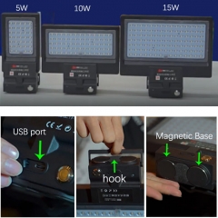 5W 10W 15W Tragbare wiederaufladbare solarbetriebene LED-Arbeitsleuchte mit USB-Anschluss Magnetfuß und Haken IP65