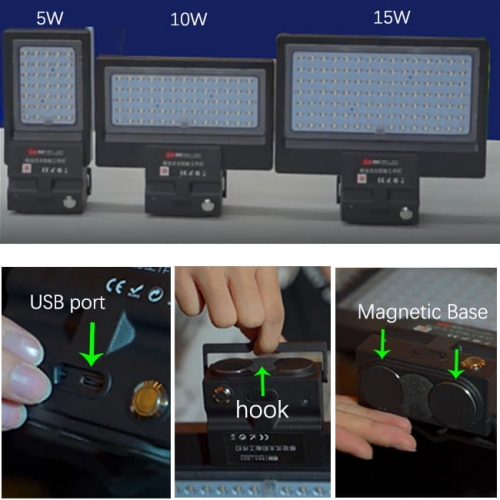 5W 10W 15W Lampe de travail LED à énergie solaire Portable Rechargeable avec port USB Base magnétique et crochet IP65