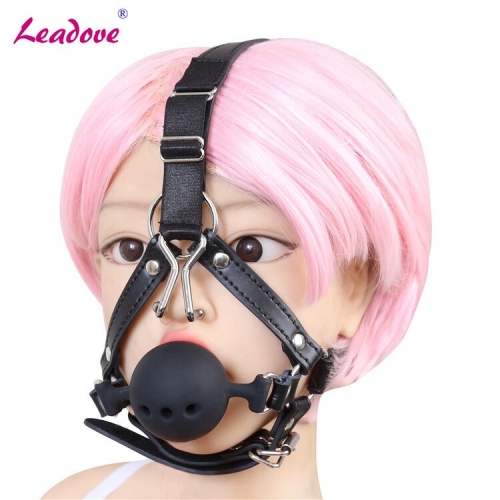 BDSM Bondage Harness Strap Head Belts Silicone Hollow Mouth Gag Ball Nose Hook for Fetish Slave Role Play Sex Toys SP0164