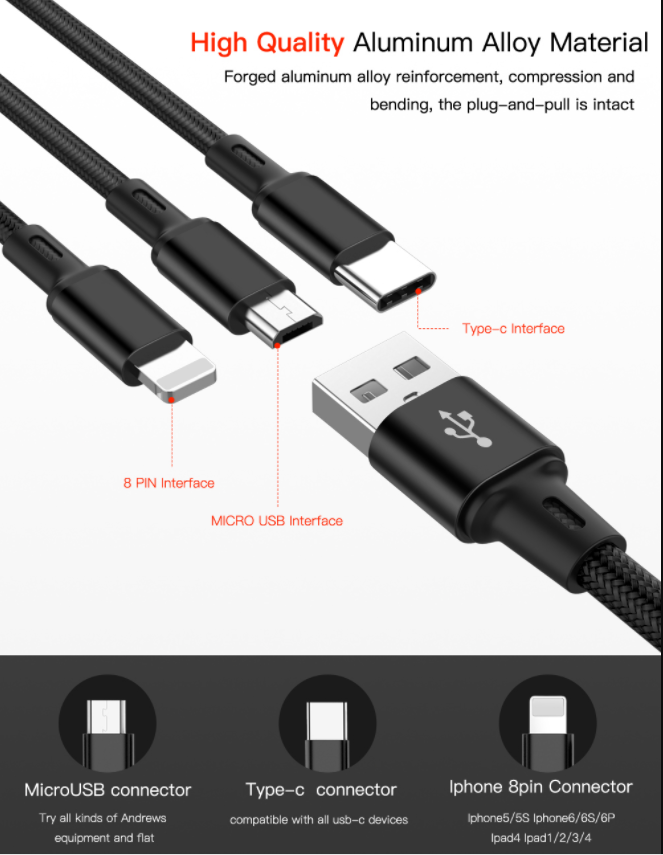 USB Cable For iPhone XS X 8 7 6 Charging Charger 3 in 1 Micro USB Cable For Android USB TypeC Mobile Phone Cables For Sam S9