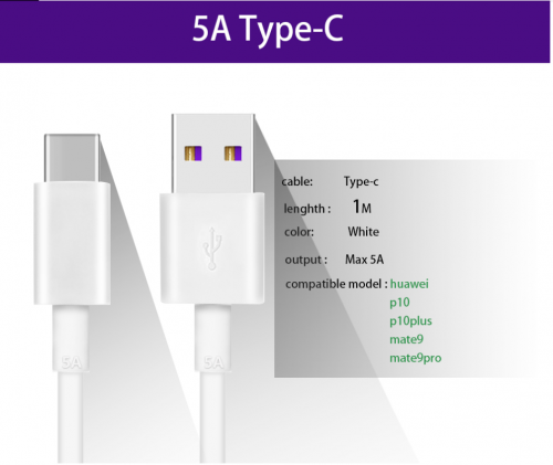 Huawei USB 5A Type C Cable P30 P20 Pro lite Mate20 10 Pro P10 Plus lite USB 3.1 Type-C Original Supercharge Super Charger Cable