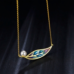 Feather Shape Enamel Pendant Necklace