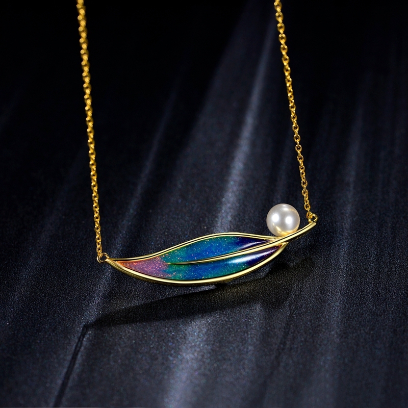 Feather Shape Enamel Pendant Necklace