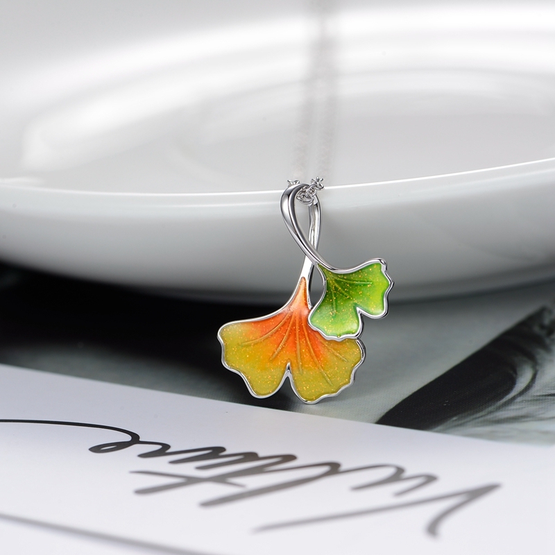 Double Ginkgo Leaf Enamel Necklace