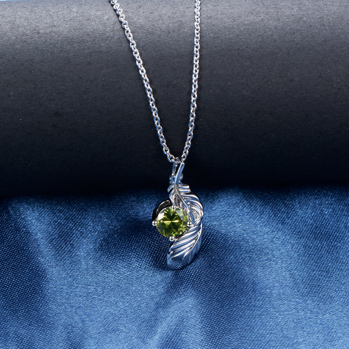 olive green zircon feather necklace