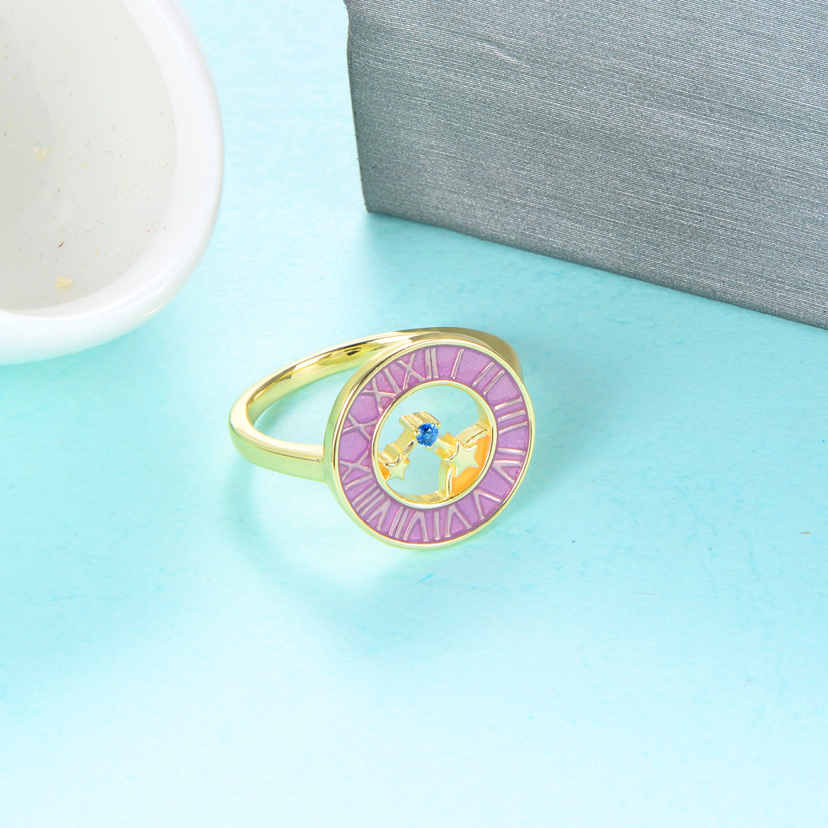 the stars moon clock enamel ring