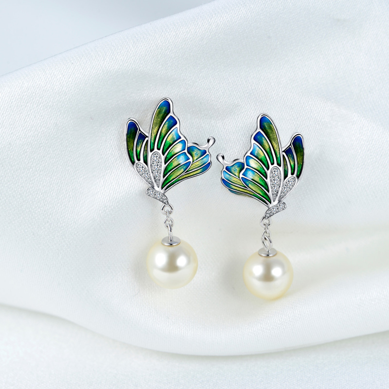 enamel butterfly pearl earrings