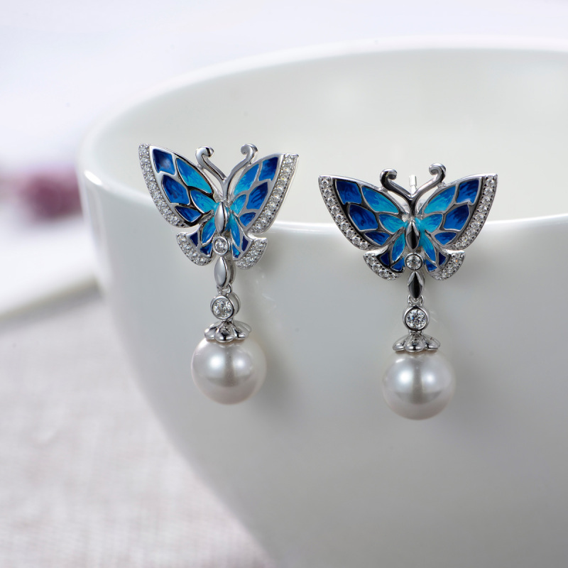 enamel butterfly pearl earrings