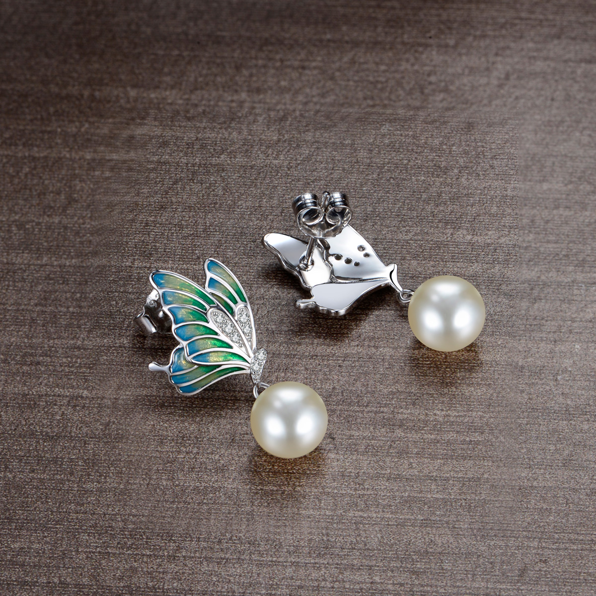 enamel butterfly pearl earrings