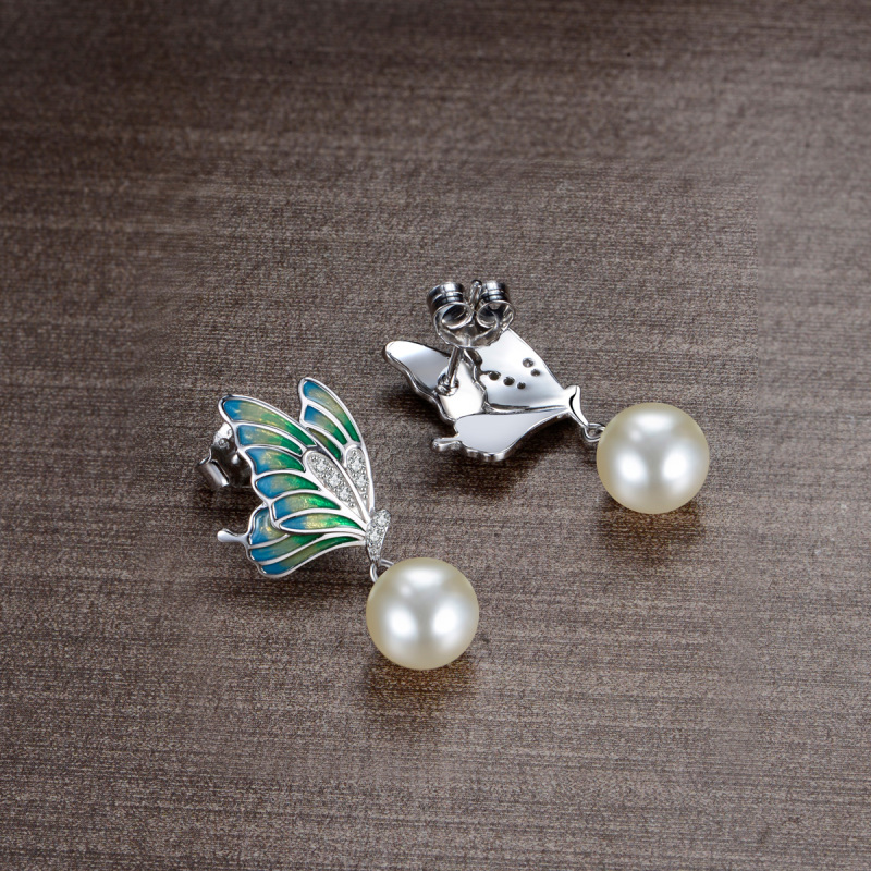 enamel butterfly pearl earrings