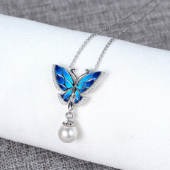 enamel butterfly pearl necklace