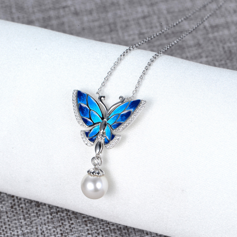 enamel butterfly pearl necklace