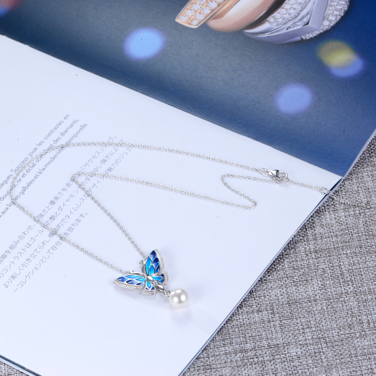 enamel butterfly pearl necklace
