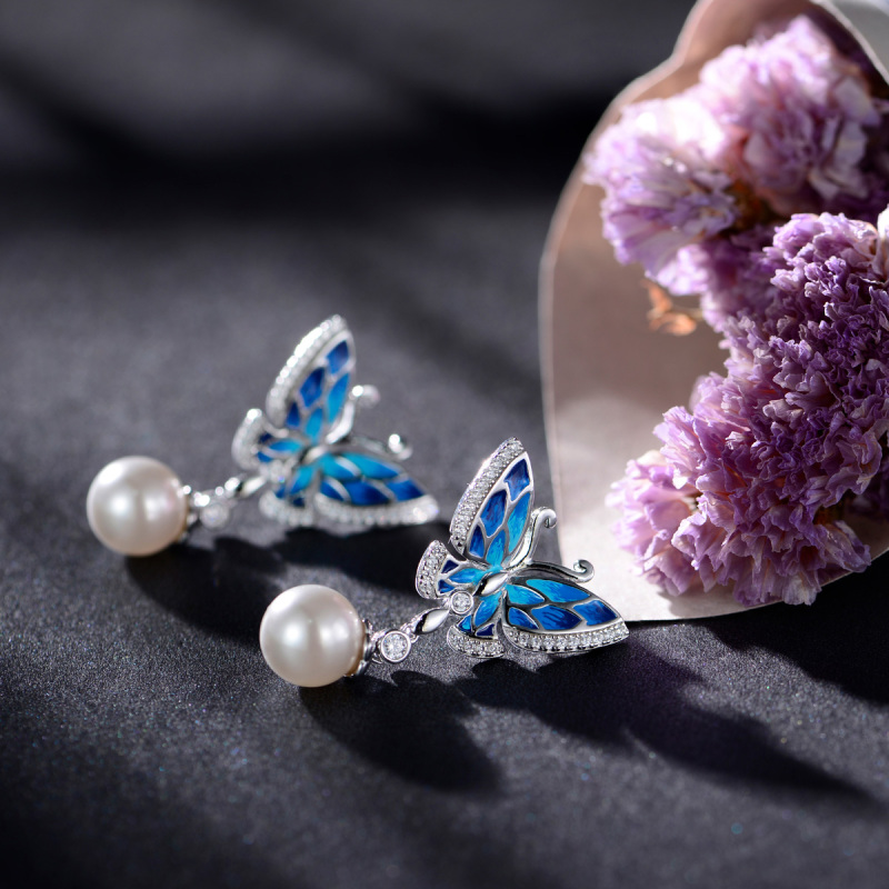 enamel butterfly pearl earrings