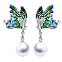 enamel butterfly pearl earrings