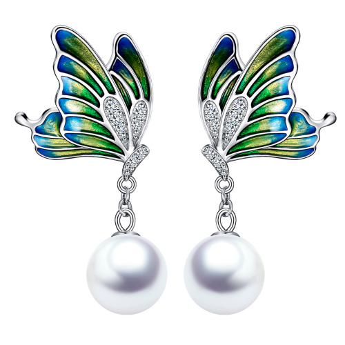 enamel butterfly pearl earrings