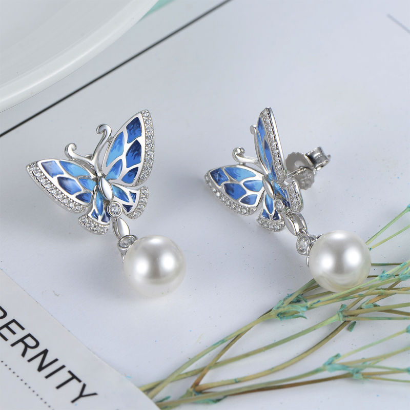 enamel butterfly pearl earrings