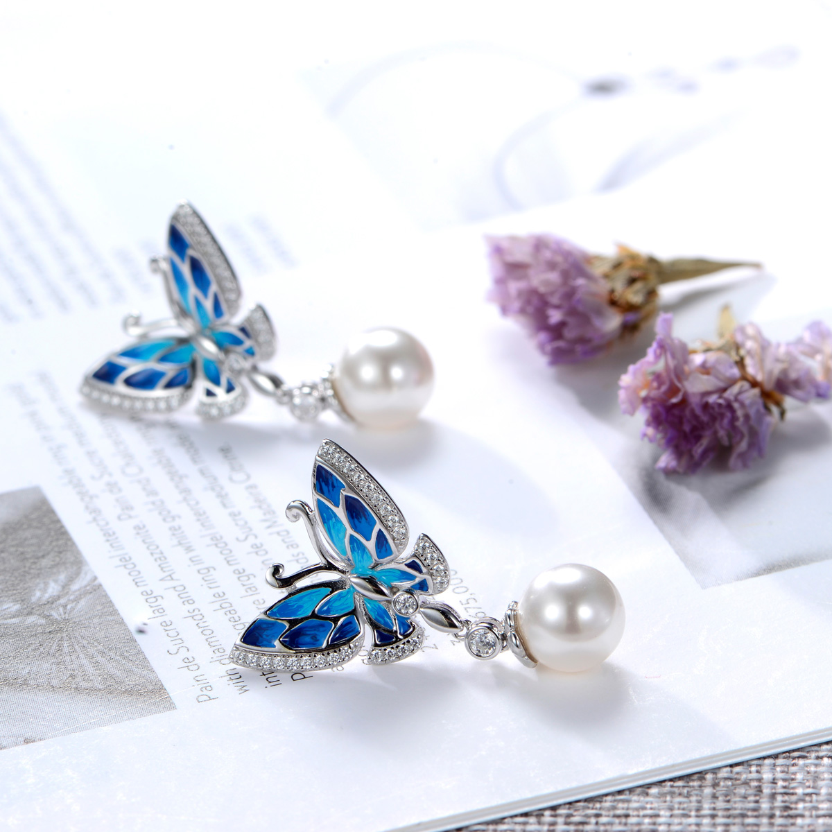 enamel butterfly pearl earrings