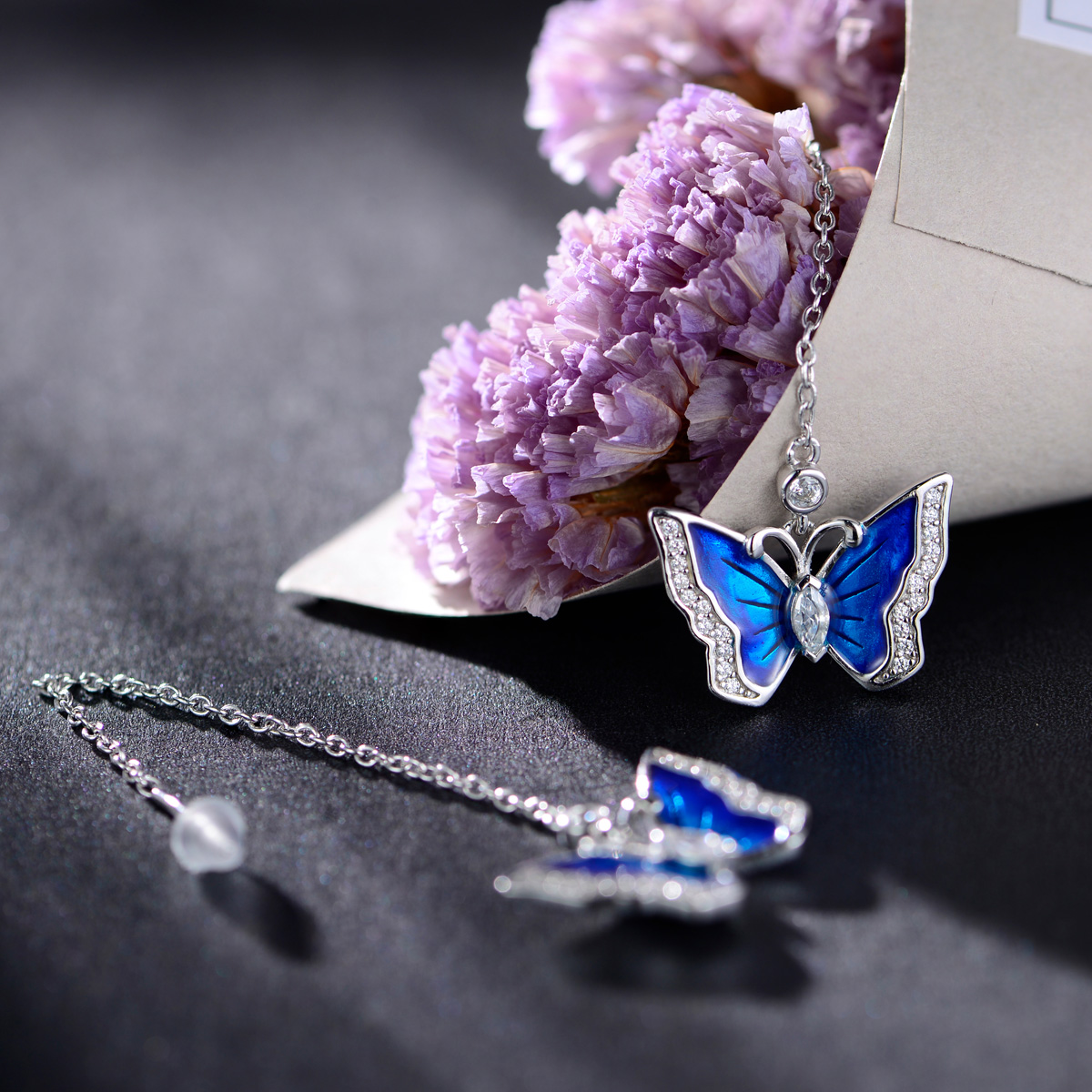 enamel butterfly long earrings