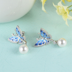 enamel butterfly pearl earrings