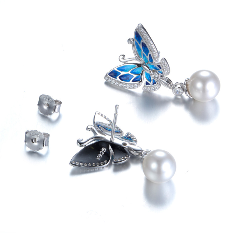 enamel butterfly pearl earrings