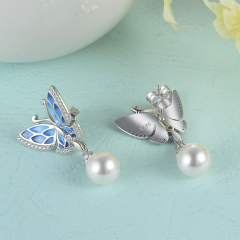 enamel butterfly pearl earrings