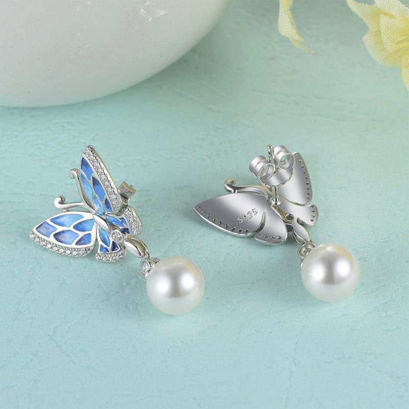 enamel butterfly pearl earrings
