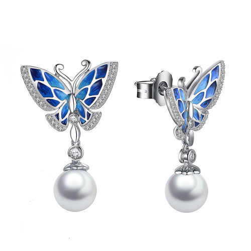 enamel butterfly pearl earrings