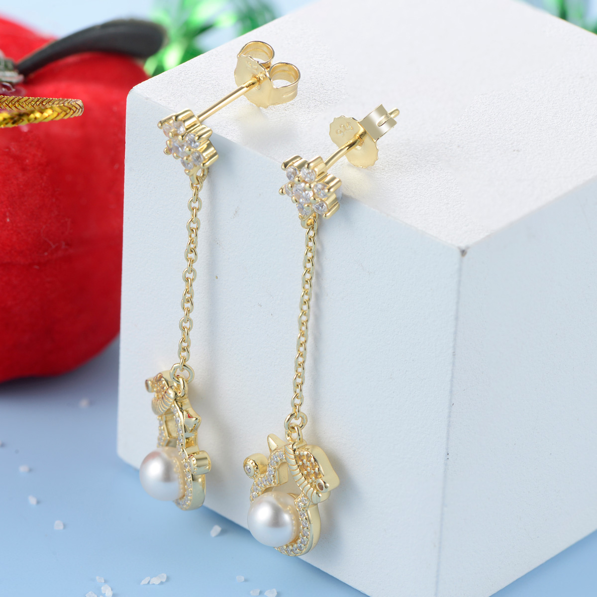 Christmas snowman pearl long studs earrings