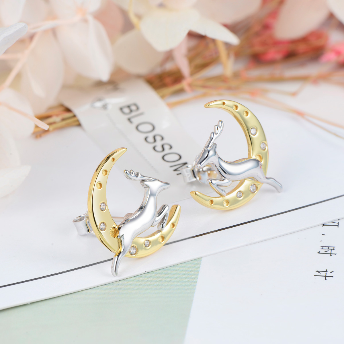 Christmas moon running deer studs earrings
