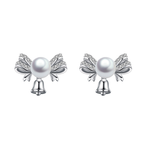 Christmas bell bow tie pearl studs earrings