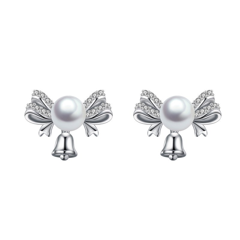 Christmas bell bow tie pearl studs earrings