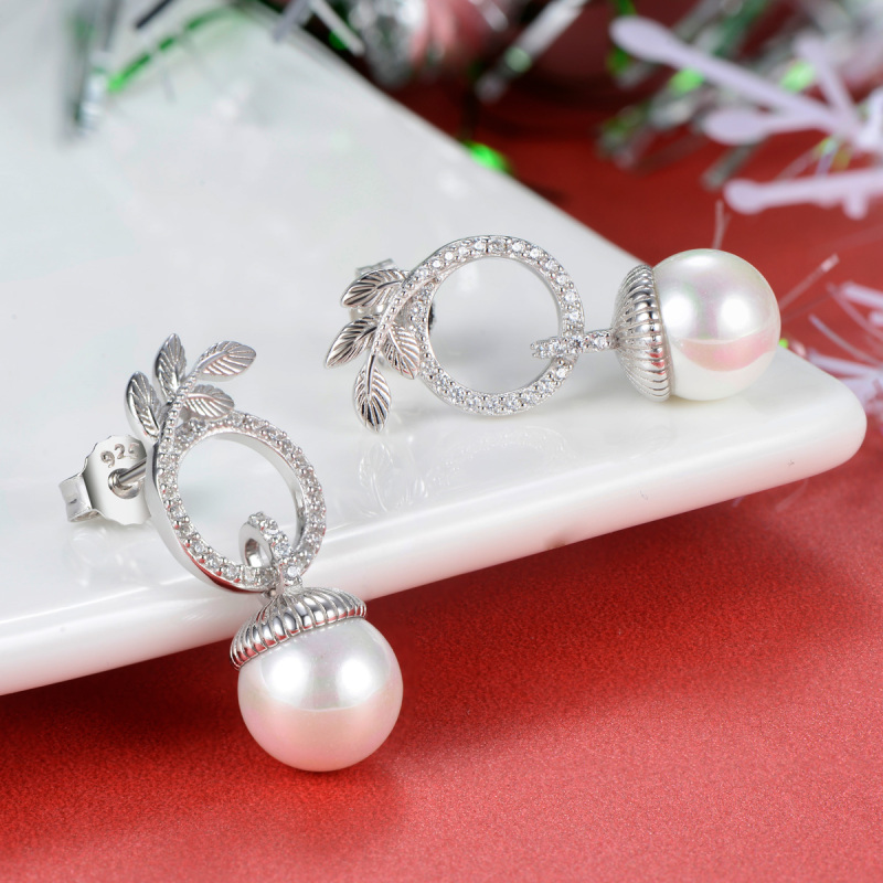 Christmas olive leaf acorn pearl stud earrings