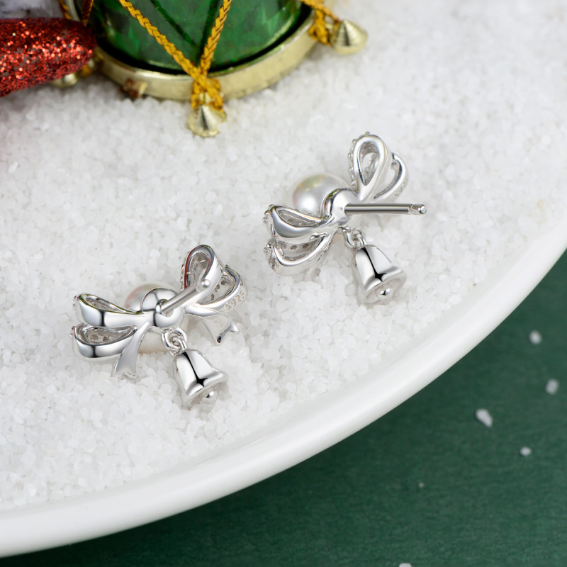 Christmas bell bow tie pearl studs earrings
